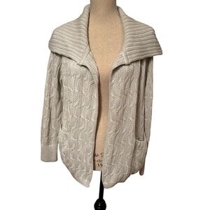 ST. JOHN NEW SWEATER CARDIGAN OPEN FRONT CELADON GREEN CABLE KNIT POCKETS SIZE M